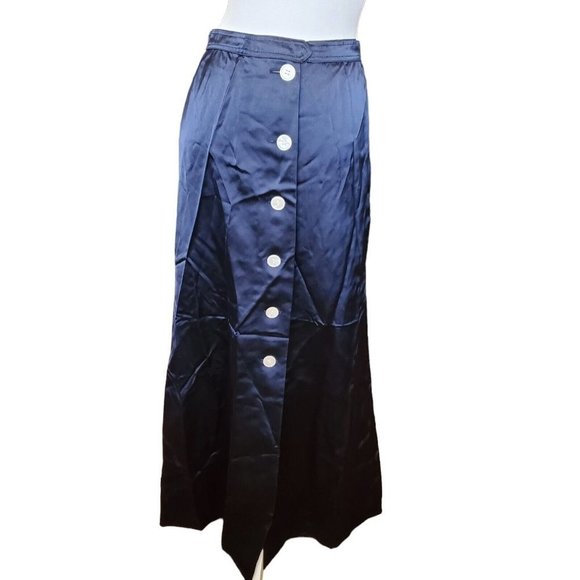 60s Yves Saint Laurent Rive Gauche Navy Satin Button Down Maxi Skirt Small 4 6 - Picture 2 of 12
